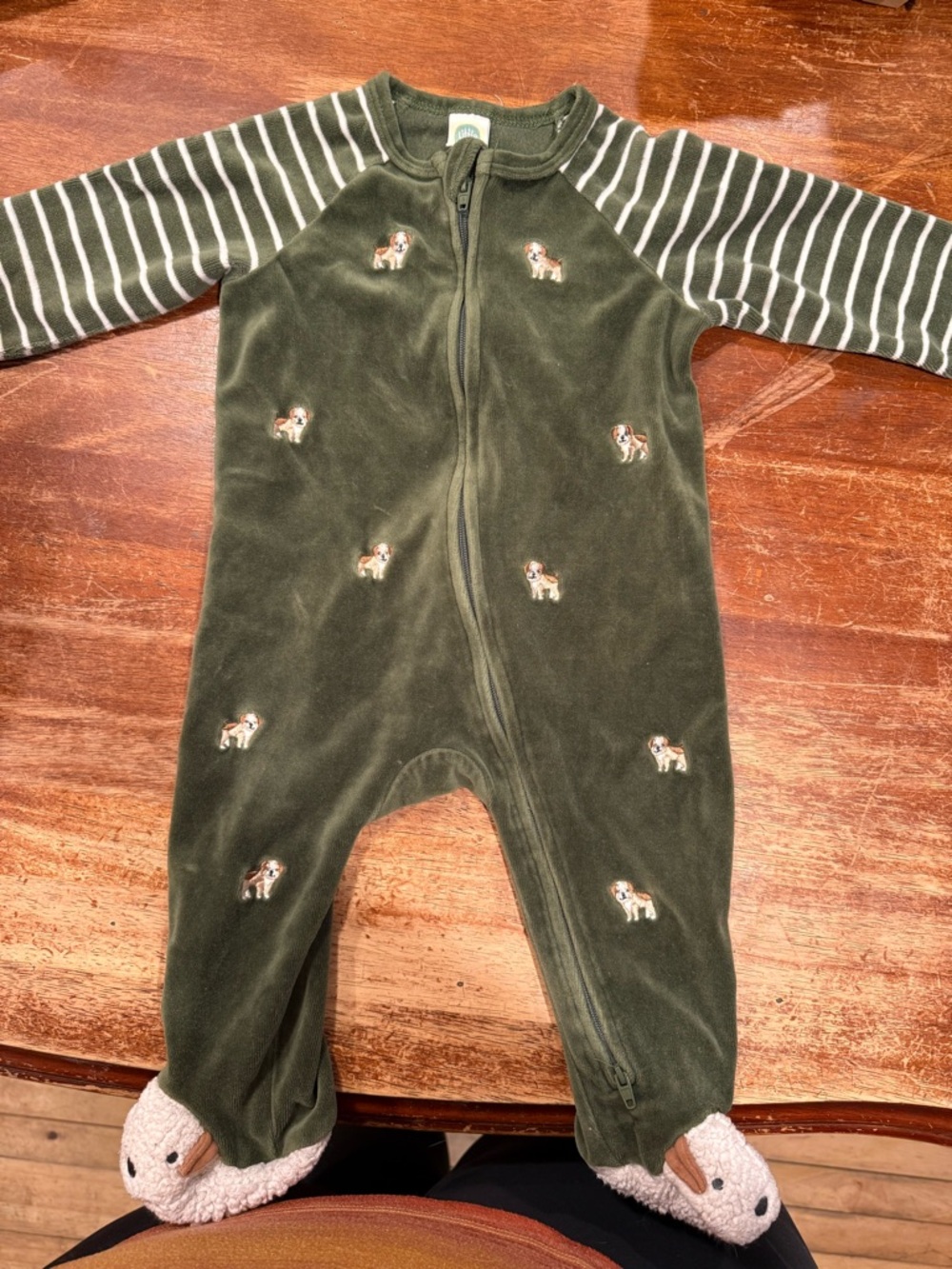 Little me Olive Green Footed One-Piece with Striped Sleeves and Puppy Embroidery